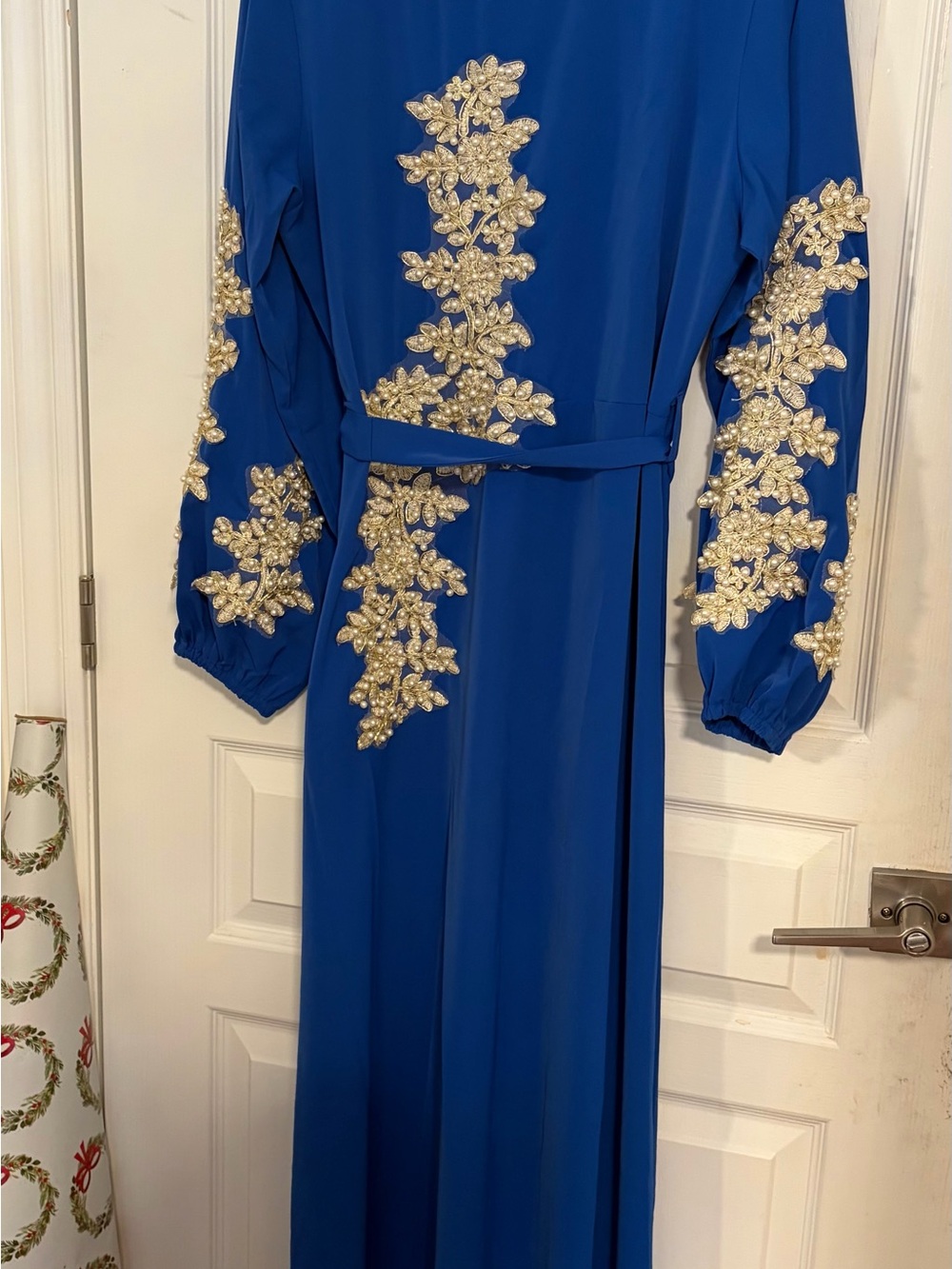 Elegant Royal Blue Maxi Dress with Gold Appliqué